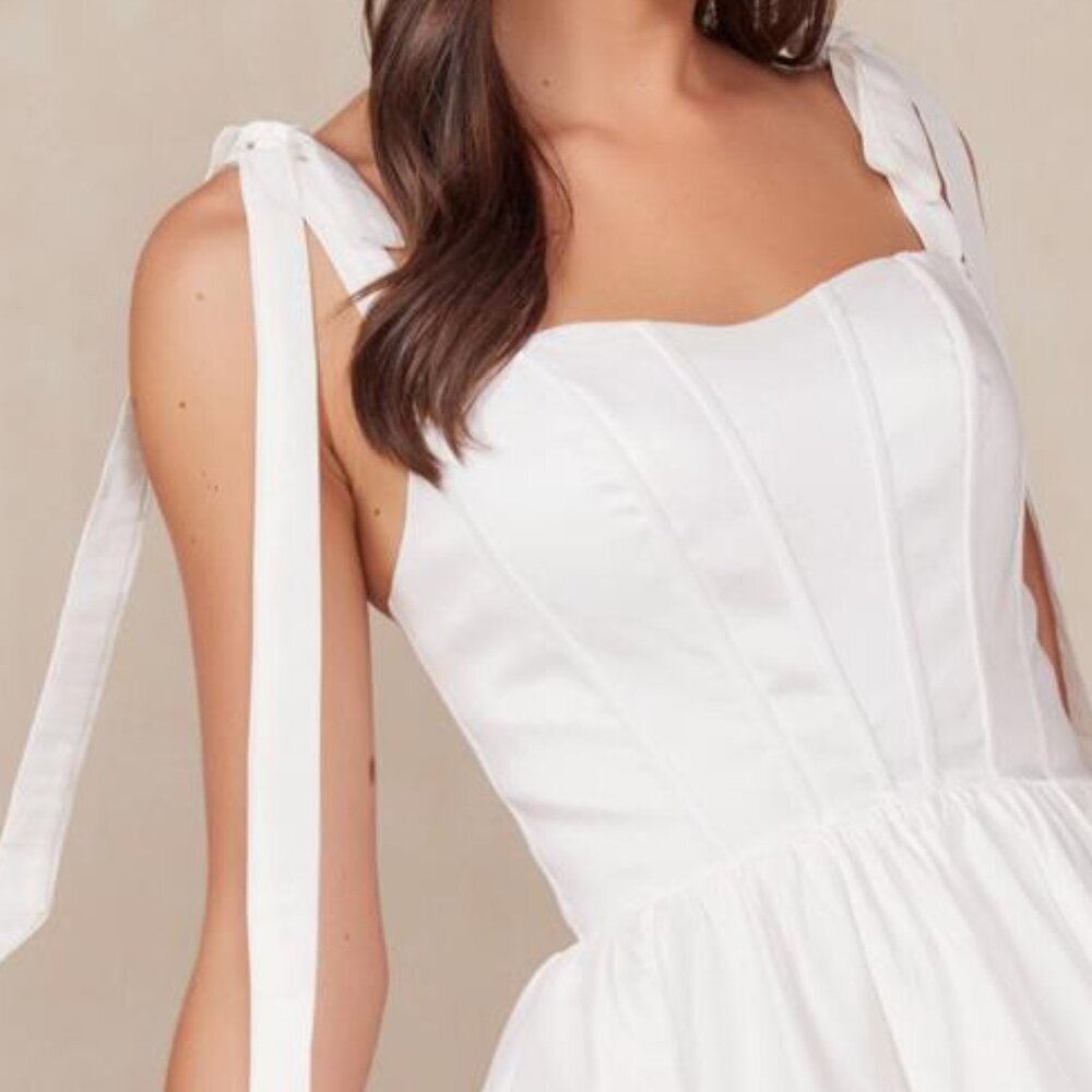 NEW A-LINE OFF WHITE MINI SOLID DRESS W/ SWEETHEART NECK & TIED STRAPS NX T869W - Picture 5 of 9